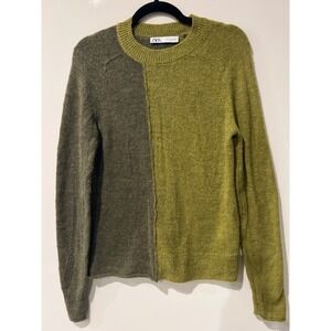 FLAW Zara Womens Alpaca Wool Blend  Colorblock Crewneck Sweater Olive Moss Small